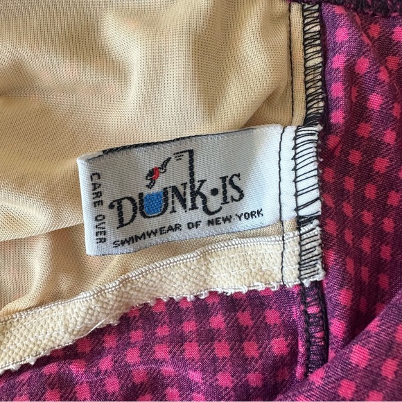 VINTAGE 80s Gingham High Cut Bow One Piece Swimsuit Dunkis of New York Hot Pink - Picture 8 of 14